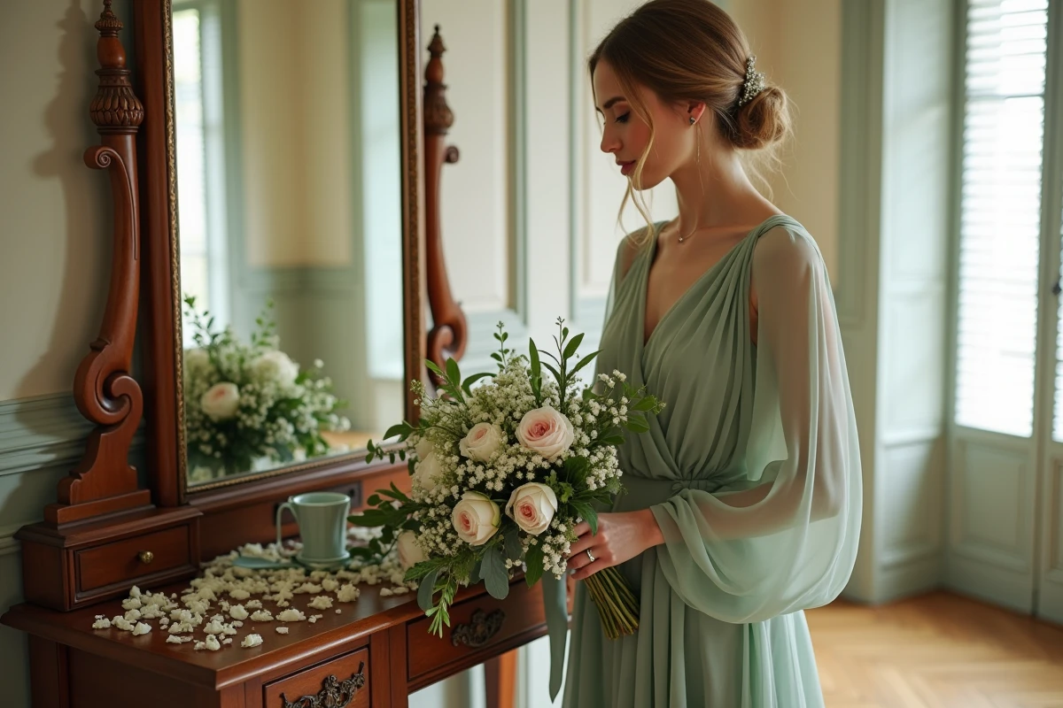 Mariée en robe de mariée vert sauge en chiffon arrangeant son bouquet de mariée blanc et rose dans une chambre de château français