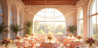 Salle de réception élégante avec tables rondes et décor floral