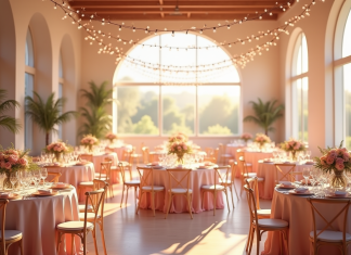 Décoration événement : Comment se lancer avec succès ? Salle de réception élégante avec tables rondes et décor floral
