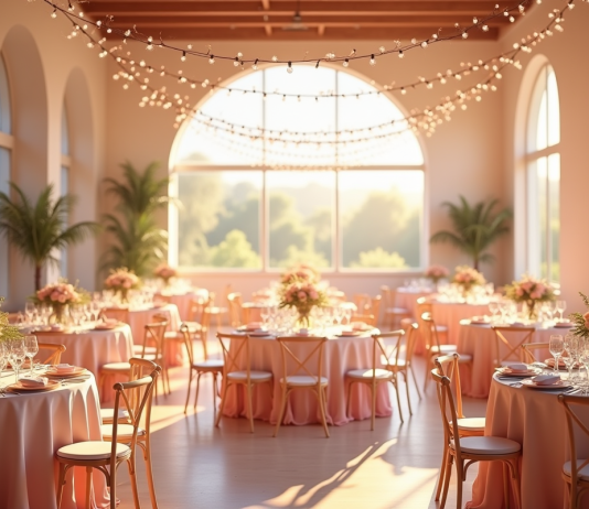 Décoration événement : Comment se lancer avec succès ? Salle de réception élégante avec tables rondes et décor floral