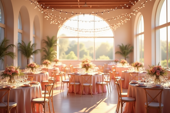 Salle de réception élégante avec tables rondes et décor floral
