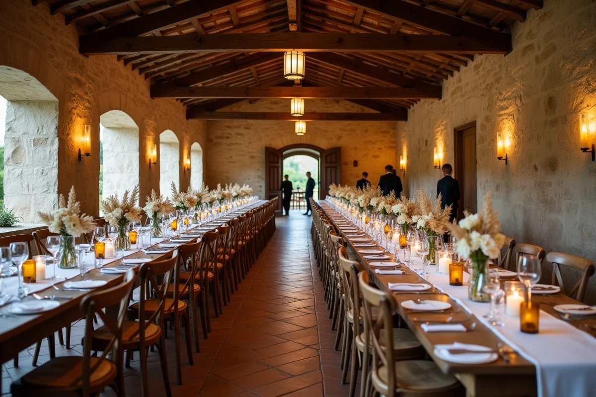 Salle de réception dans un chai de mariage en Gironde, décoration rustique et élégante avec longues tables en bois et voûtes en pierre