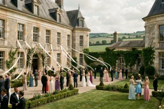 Vue d'ensemble d'un château normand élégant décoré pour un mariage, avec des jardins verdoyants et des invités en tenue de cérémonie