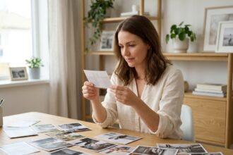 Femme sélectionnant des photos de mariage imprimées sur un bureau en bois dans un bureau à domicile chaleureux