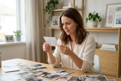 Femme sélectionnant des photos de mariage imprimées sur un bureau en bois dans un bureau à domicile chaleureux