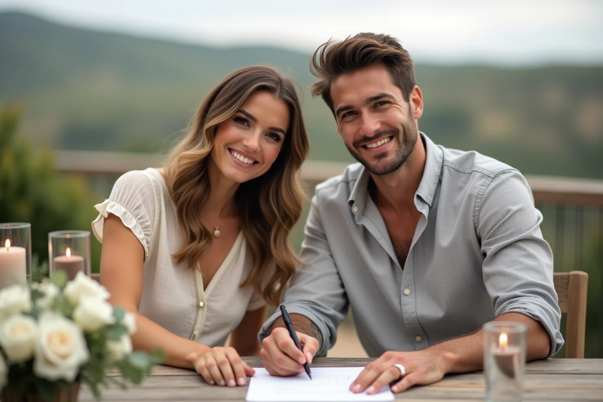 Couple de mariés signant un document symbolique lors d'un mariage laïque sur une terrasse avec vue sur les vignes