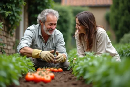 Stéphane Marie et son conjoint discutant dans le jardin potager d'une maison de campagne française