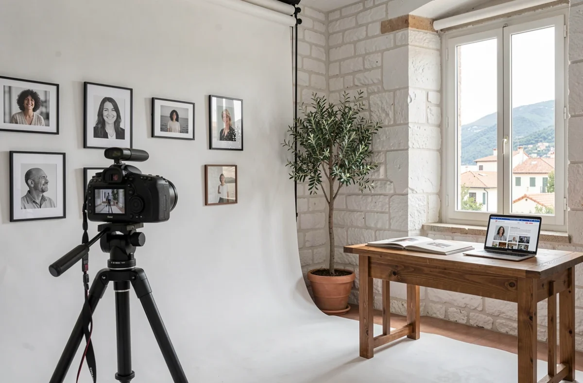 Studio photo professionnel à Menton avec équipement photo et portfolio exposé sur les murs
