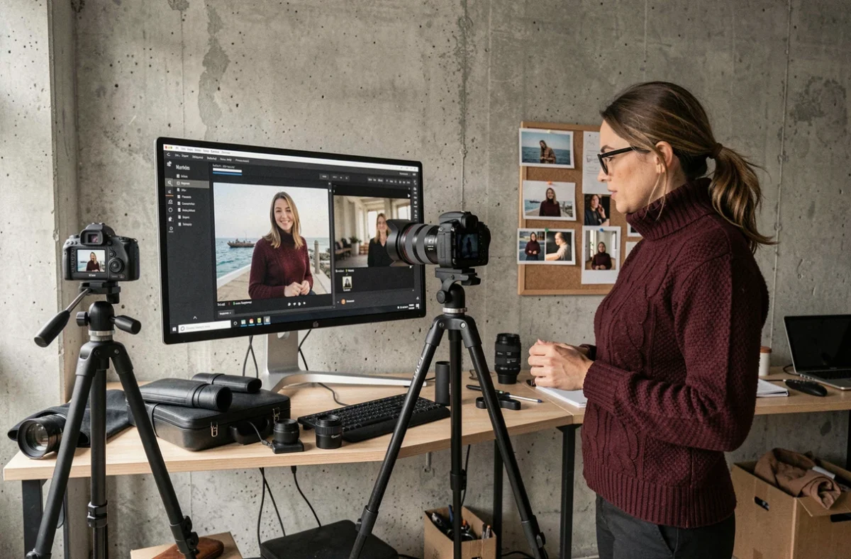 Photographe professionnelle révisant des photos dans son studio à Dunkerque