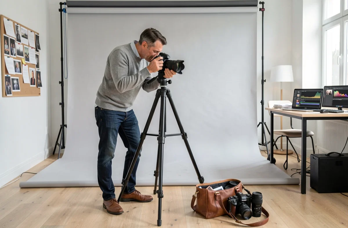 Photographe en studio professionnel réglant son matériel à Montfermeil