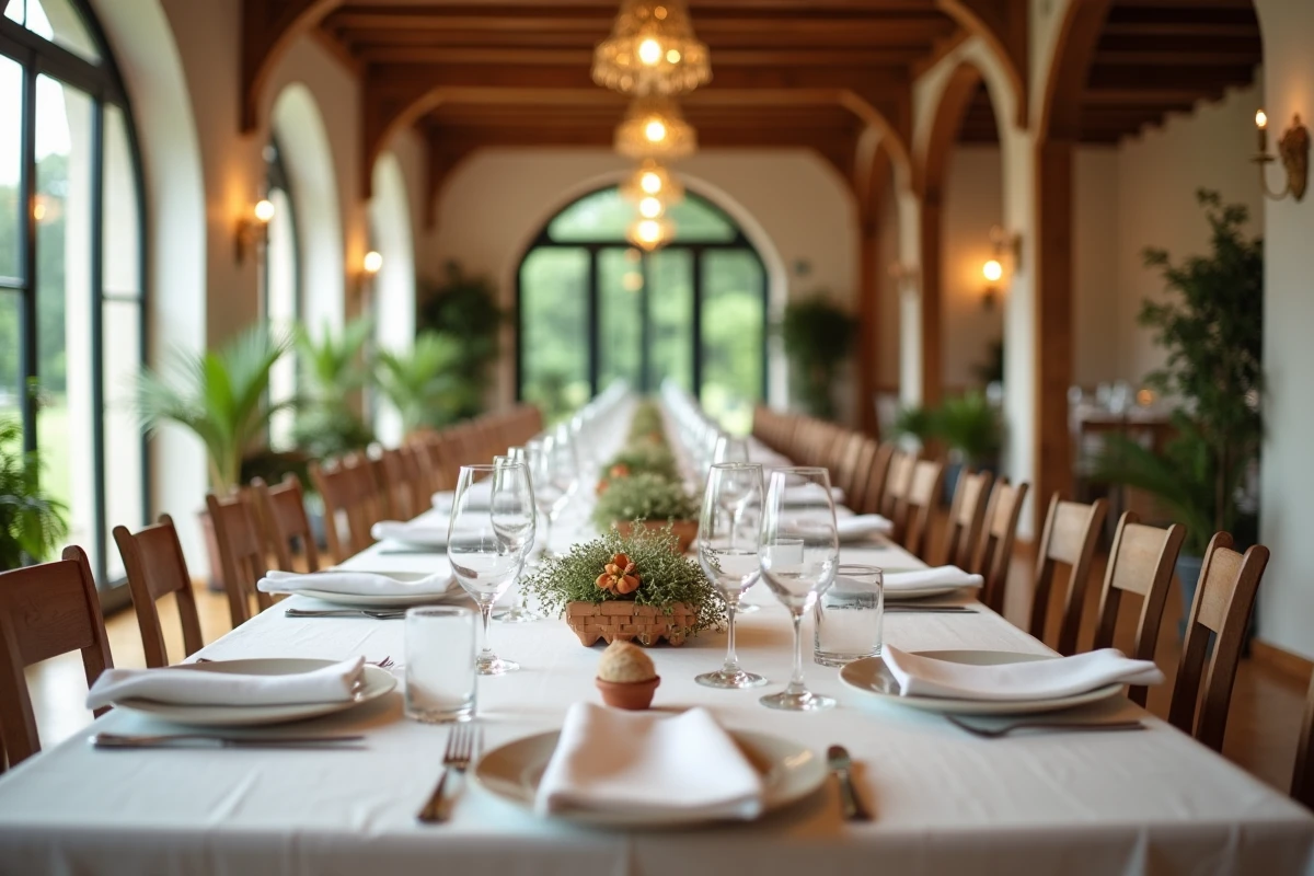 Grande table de banquet soigneusement dressée pour un repas de groupe de 100 convives dans une salle de réception lumineuse