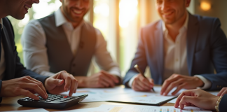 Table élégante de mariage avec calculatrice et parents souriants
