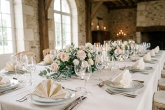 Table de mariage dressée dans un château en Loire-Atlantique avec vaisselle en porcelaine blanche à bords dorés, verres en cristal et décoration florale