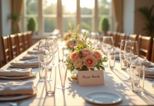 Table de mariage élégante avec centres floraux et cartes noms