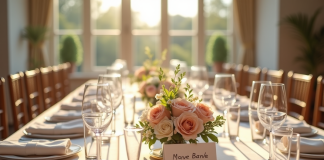 Table de mariage élégante avec centres floraux et cartes noms