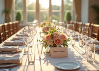 Table de mariage élégante avec centres floraux et cartes noms