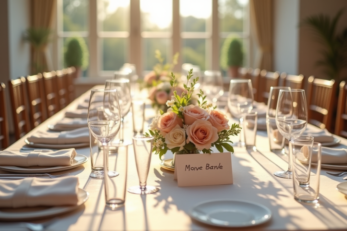 Table de mariage élégante avec centres floraux et cartes noms