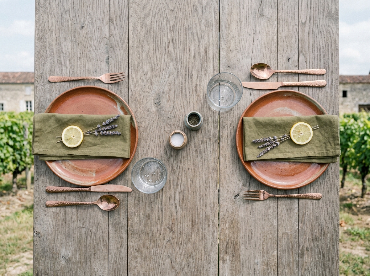 Vue de dessus d'une table de mariage rustique dans un vignoble en Loire-Atlantique avec vaisselle en grès terracotta, couverts en cuivre et verres soufflés