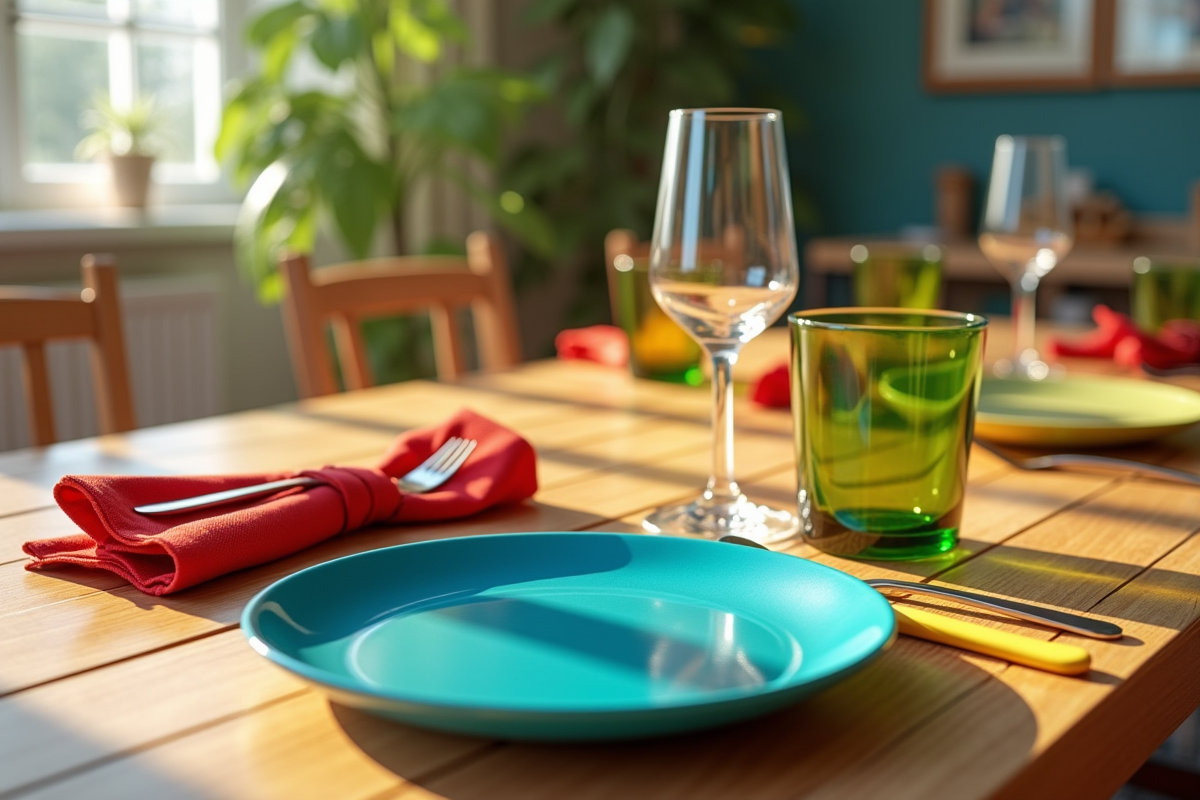 Table dressée avec vaisselle colorée et dépareillée