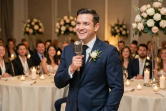 Témoin de mariage en costume bleu marine prononçant un discours au micro lors d'une réception élégante
