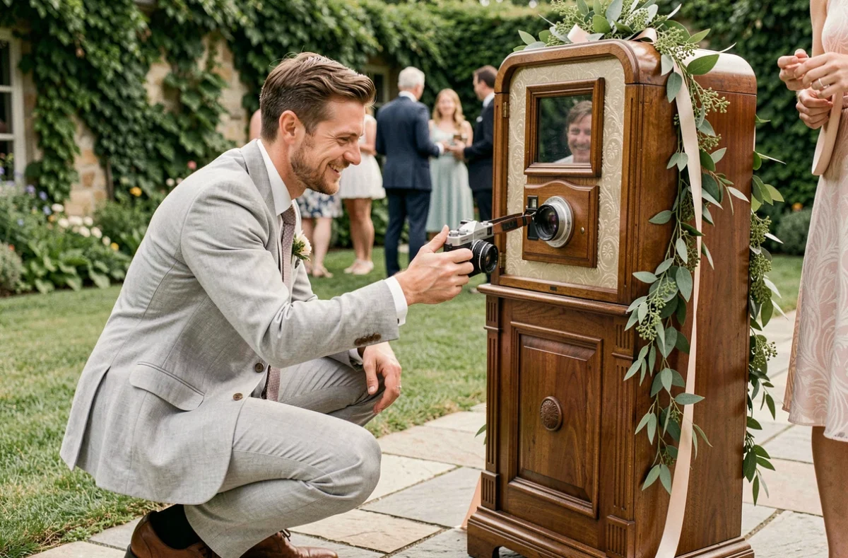 Témoin de mariage animant un photobooth vintage avec appareil jetable dans un jardin fleuri