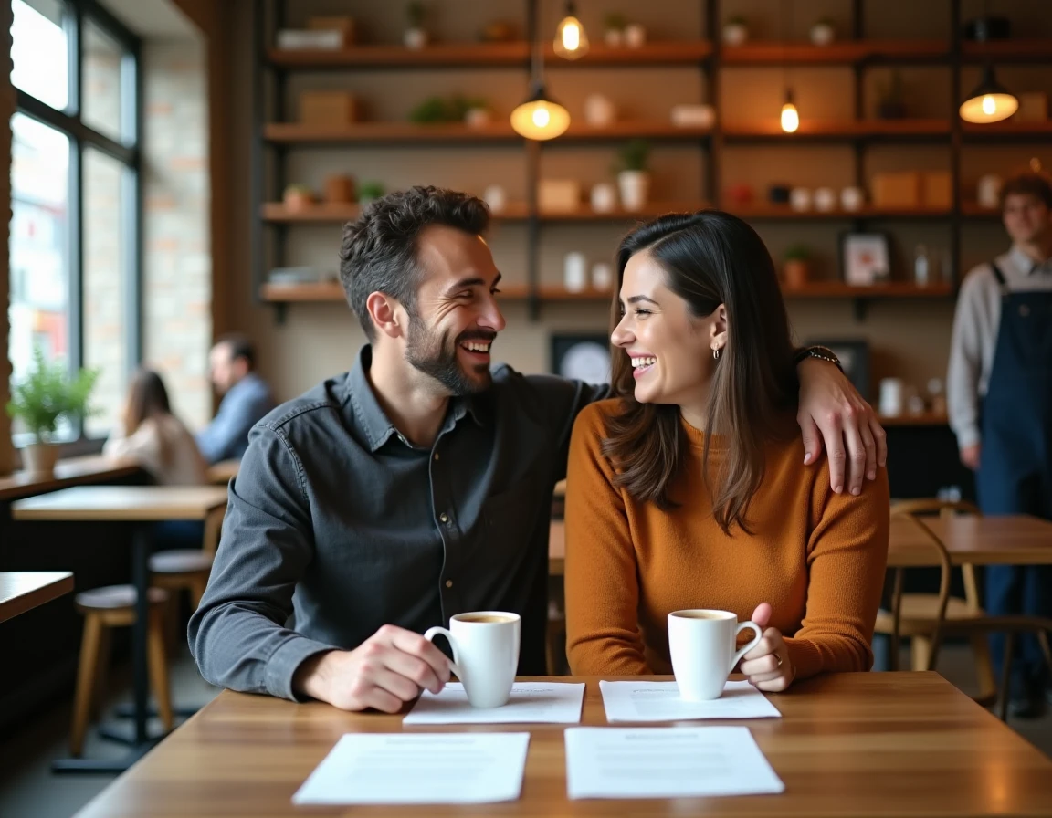 Deux témoins de mariage relisent et corrigent leur discours ensemble dans un café chaleureux