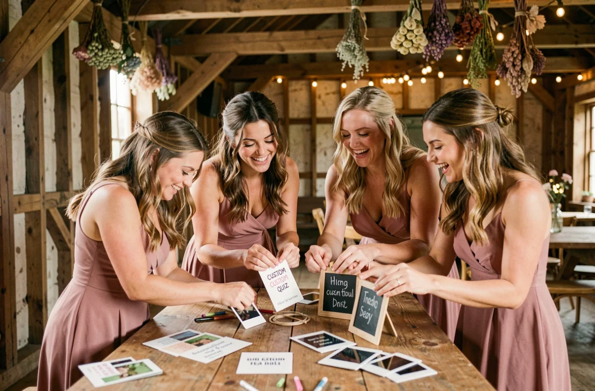 Témoins de mariage préparant des animations et accessoires DIY dans une grange décorée