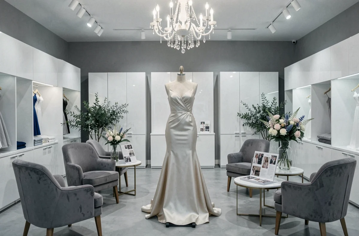 Boutique Tendances Mariages au Mans avec une robe sirène en satin exposée sur mannequin dans un showroom contemporain