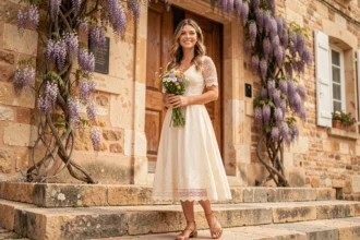 Femme en robe ivoire bohème chic devant une mairie en pierre pour un mariage civil