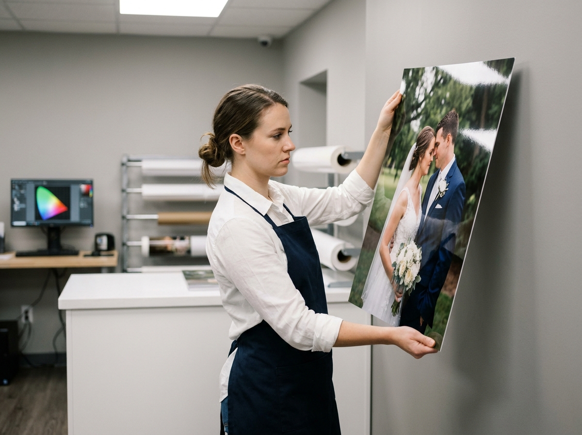 Professionnelle examinant un grand tirage photo de mariage dans un laboratoire d'impression moderne