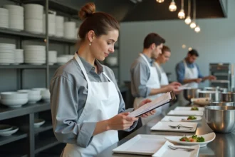 Traiteur professionnelle vérifiant une liste de préparation dans une cuisine professionnelle organisée pour un repas de 100 personnes