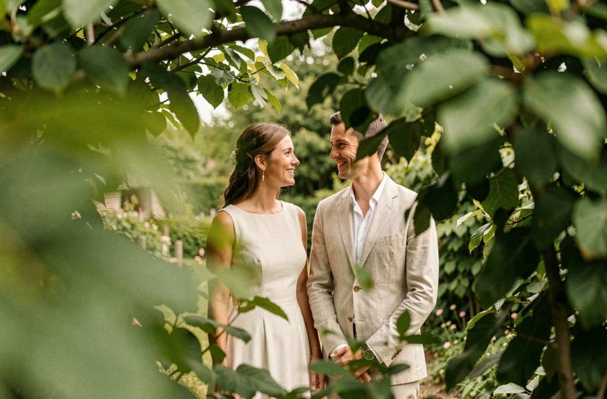 Couple de mariés encadré par des feuillages naturels dans un jardin campagnard, photo créative et naturelle