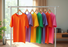 Vêtements colorés suspendus dans un salon lumineux