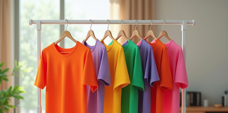 Vêtements colorés suspendus dans un salon lumineux