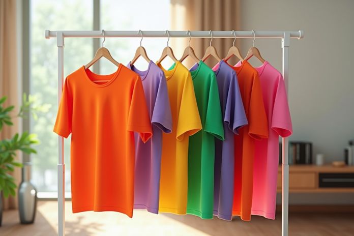 Vêtements colorés suspendus dans un salon lumineux