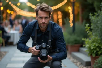 Vidéaste professionnel filmant une réception de mariage en plein air avec une caméra cinéma sur épaule