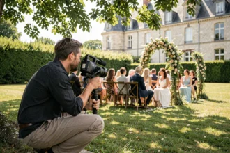 Vidéaste mariage filmant une cérémonie en plein air dans les Pays de la Loire avec un château en arrière-plan