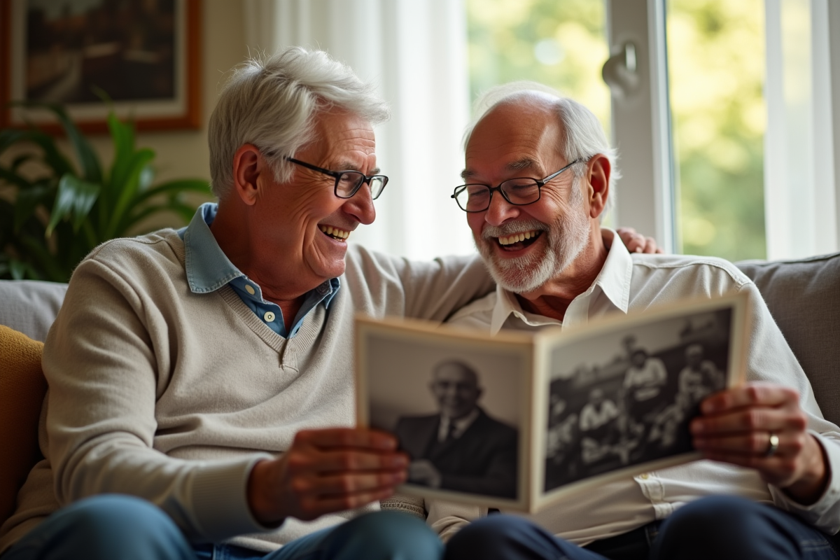 Couple âgé riant en regardant des photos anciennes dans leur salon