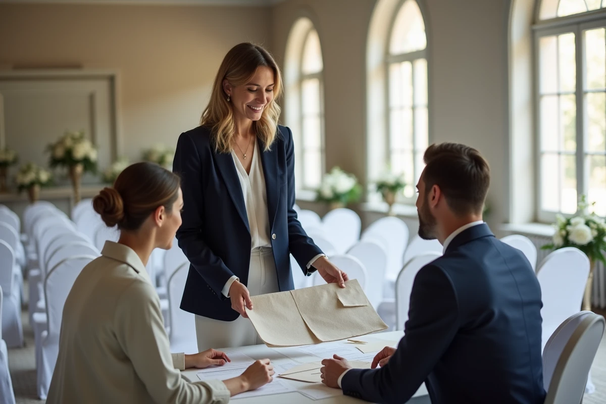Wedding planner professionnelle présentant des options de décoration à un couple de futurs mariés dans une salle de réception élégante